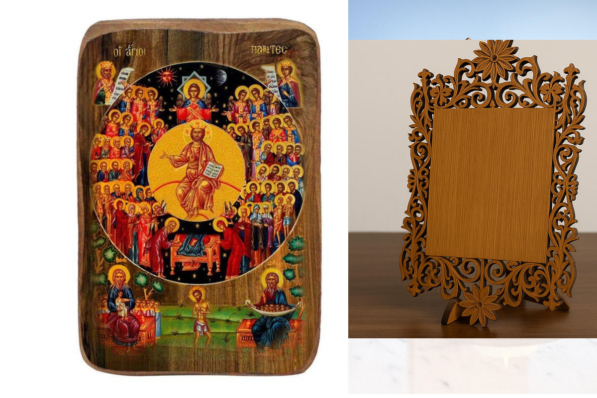 Εικόνα Ορθοδοξίας Δαντέλα μαζι με  Βάση σε  8 χρώματα με περίγραμμα χρυσό σε ξύλο Plywood (Πλακάζ)   με  βάση Σετ Μπομπονιέρα Βάπτισης Αγίων Πάντων 20 τεμαχίων, Εικόνα Βάπτισης, Χειροποίητη Βυζαντινή εικόνα Bomboniera 9x6cm, Χριστιανικό Δώρο Διάσταση 50x4