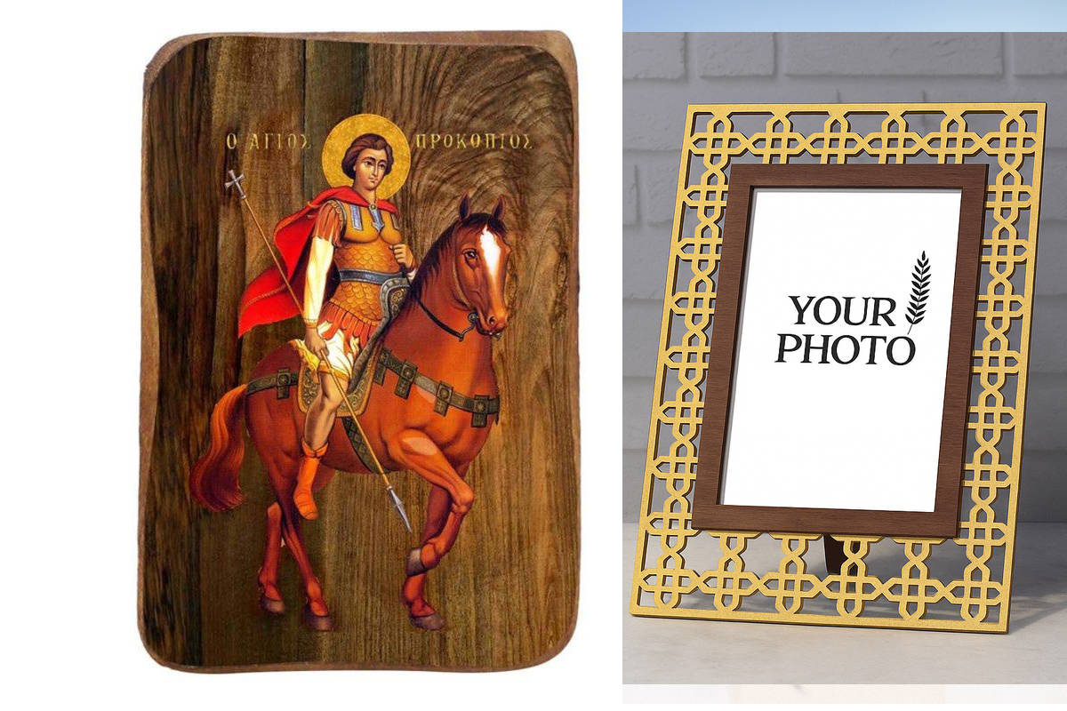 Σετ 2 τεμαχίων – Εικόνα Ορθοδοξίας Πολυτελείας  με  σχεδιο Σταυρούς μαζι με  Βάση σε  8 χρώματα με περίγραμμα χρυσό σε ξύλο Plywood (Πλακάζ)   με  βάση Μπομπονιέρα Βάπτισης Άγιος Προκόπιος Σετ 20 τεμαχίων, Εικόνα Βάπτισης, Μπομπονιέρα Χειροποίητη Βυζαντιν