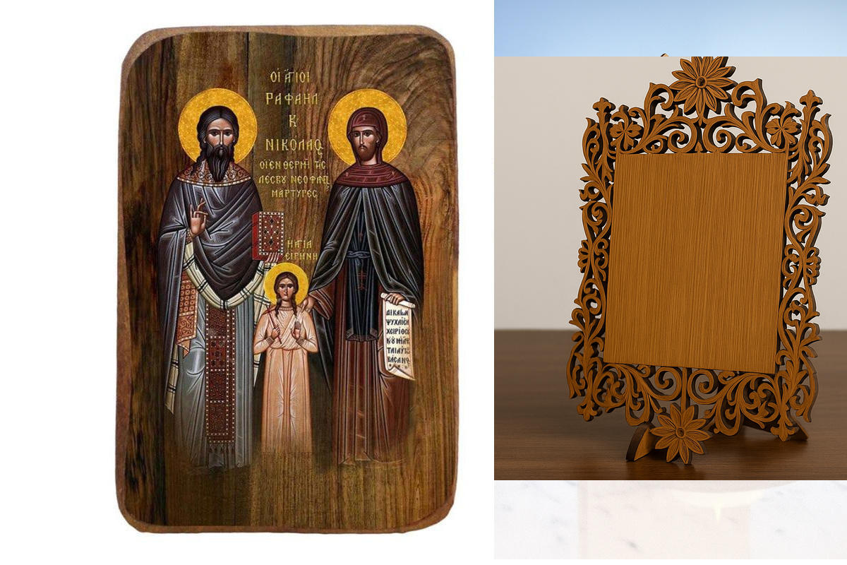 Σετ 2 τεμαχίων – Εικόνα Ορθοδοξίας Δαντέλα μαζι με  Βάση σε  8 χρώματα με περίγραμμα χρυσό σε ξύλο Plywood (Πλακάζ)   με  βάση Μπομπονιέρα Βάπτισης Άγιοι Ραφαήλ, Νικόλαος και Ειρήνη Σετ 20 τεμαχίων, Εικόνα Βάπτισης, Χειροποίητη εικόνα Bomboniera 9x6cm, Χρ