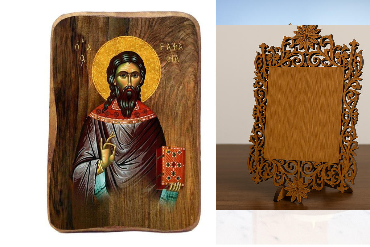 Εικόνα Ορθοδοξίας Δαντέλα μαζι με  Βάση σε  8 χρώματα με περίγραμμα χρυσό σε ξύλο Plywood (Πλακάζ)   με  βάση Μπομπονιέρα Βάπτισης Άγιος Ραφαήλ Σετ 20 τεμαχίων, Εικόνα Βάπτισης, Χειροποίητη Βυζαντινή εικόνα Bomboniera 9x6cm, Χριστιανικό Δώρο Διάσταση 50x4