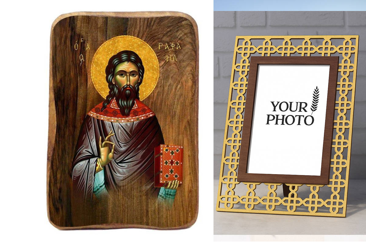 Σετ 2 τεμαχίων – Εικόνα Ορθοδοξίας Πολυτελείας  με  σχεδιο Σταυρούς μαζι με  Βάση σε  8 χρώματα με περίγραμμα χρυσό σε ξύλο Plywood (Πλακάζ)   με  βάση Μπομπονιέρα Βάπτισης Άγιος Ραφαήλ Σετ 20 τεμαχίων, Εικόνα Βάπτισης, Χειροποίητη Βυζαντινή εικόνα Bombon