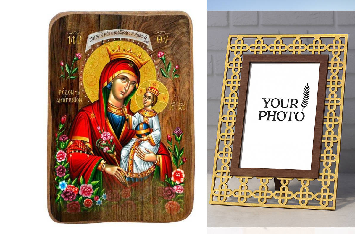 Σετ 2 τεμαχίων – Εικόνα Ορθοδοξίας Πολυτελείας  με  σχεδιο Σταυρούς μαζι με  Βάση σε  8 χρώματα με περίγραμμα χρυσό σε ξύλο Plywood (Πλακάζ)   με  βάση Μπομπονιέρα Βάπτισης Παναγία του Αχαλίνωτου Τριαντάφυλλου Σετ 20 τεμαχίων, Εικόνα Βάπτισης, Μπομπονιέρα