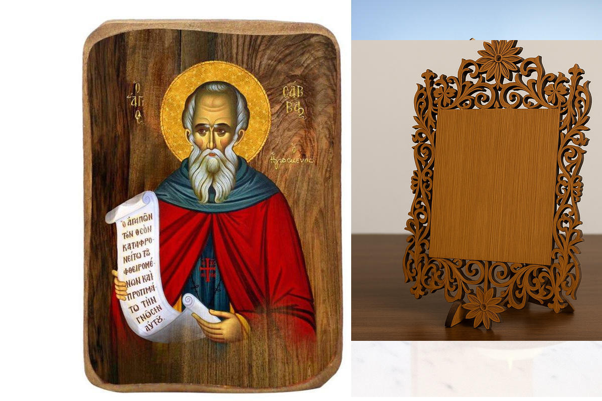 Εικόνα Ορθοδοξίας Δαντέλα μαζι με  Βάση σε  8 χρώματα με περίγραμμα χρυσό σε ξύλο Plywood (Πλακάζ)   με  βάση Μπομπονιέρα Βάπτισης Άγιος Σάββας Σετ 20 τεμαχίων, Εικόνα Βάπτισης, Χειροποίητη Βυζαντινή εικόνα Bomboniera 9x6cm, Χριστιανικό Δώρο Διάσταση 50x4