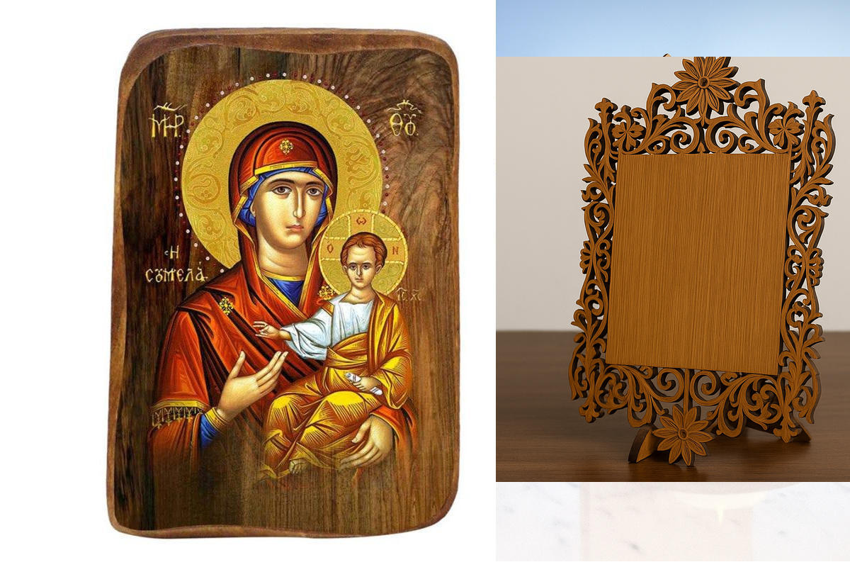 Εικόνα Ορθοδοξίας Δαντέλα μαζι με  Βάση σε  8 χρώματα με περίγραμμα χρυσό σε ξύλο Plywood (Πλακάζ)   με  βάση Μπομπονιέρα Βάπτισης Παναγία Σουμελά Σετ 20 τεμαχίων, Εικόνα Βάπτισης, Bomboniera Χειροποίητη Βυζαντινή εικόνα 9x6cm, Χριστιανικό Δώρο Διάσταση 5