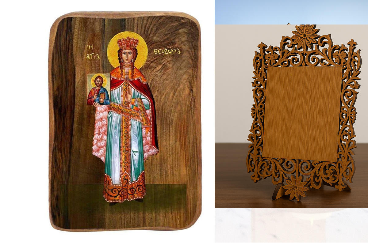 Εικόνα Ορθοδοξίας Δαντέλα μαζι με  Βάση σε  8 χρώματα με περίγραμμα χρυσό σε ξύλο Plywood (Πλακάζ)   με  βάση Μπομπονιέρα Βάπτισης Αγίας Θεοδώρας Σετ 20 τεμαχίων, Εικόνα Βάπτισης, Μπομπονιέρα Χειροποίητη Βυζαντινή εικόνα 9x6cm, Χριστιανικό Δώρο Διάσταση 2