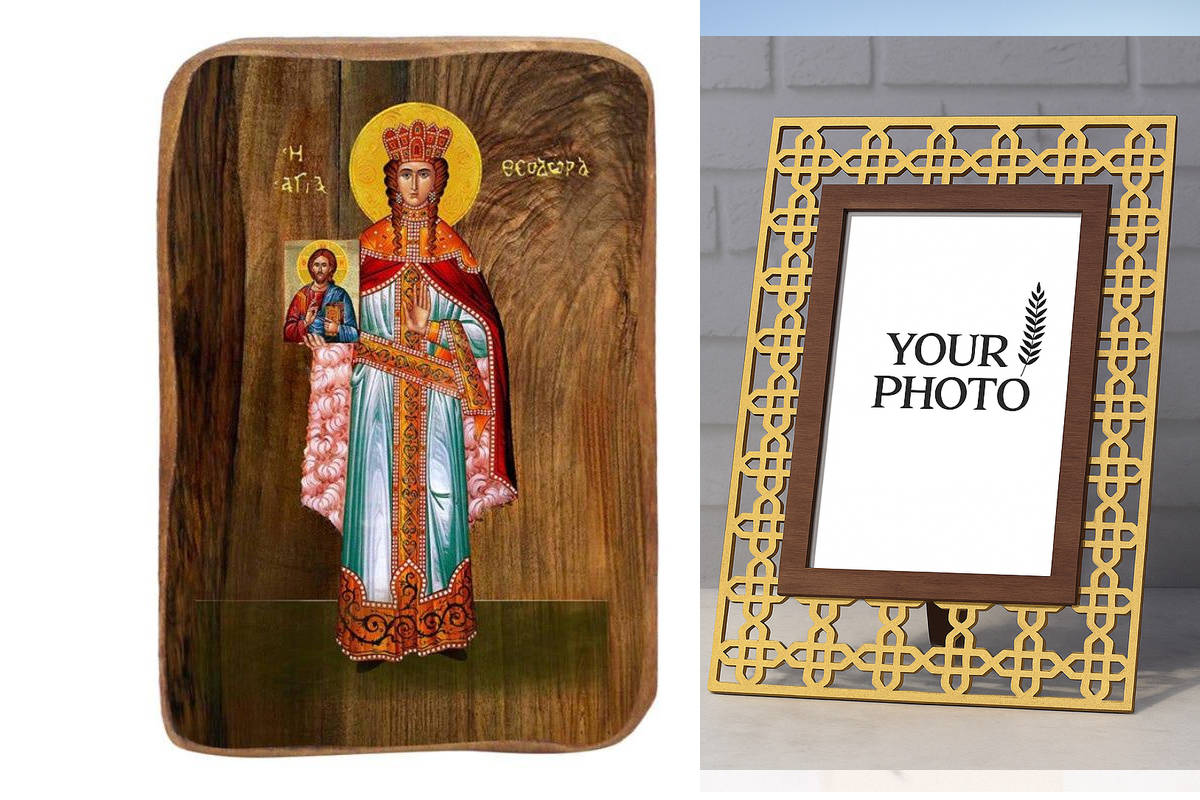 Σετ 2 τεμαχίων – Εικόνα Ορθοδοξίας Πολυτελείας  με  σχεδιο Σταυρούς μαζι με  Βάση σε  8 χρώματα με περίγραμμα χρυσό σε ξύλο Plywood (Πλακάζ)   με  βάση Μπομπονιέρα Βάπτισης Αγίας Θεοδώρας Σετ 20 τεμαχίων, Εικόνα Βάπτισης, Μπομπονιέρα Χειροποίητη Βυζαντινή