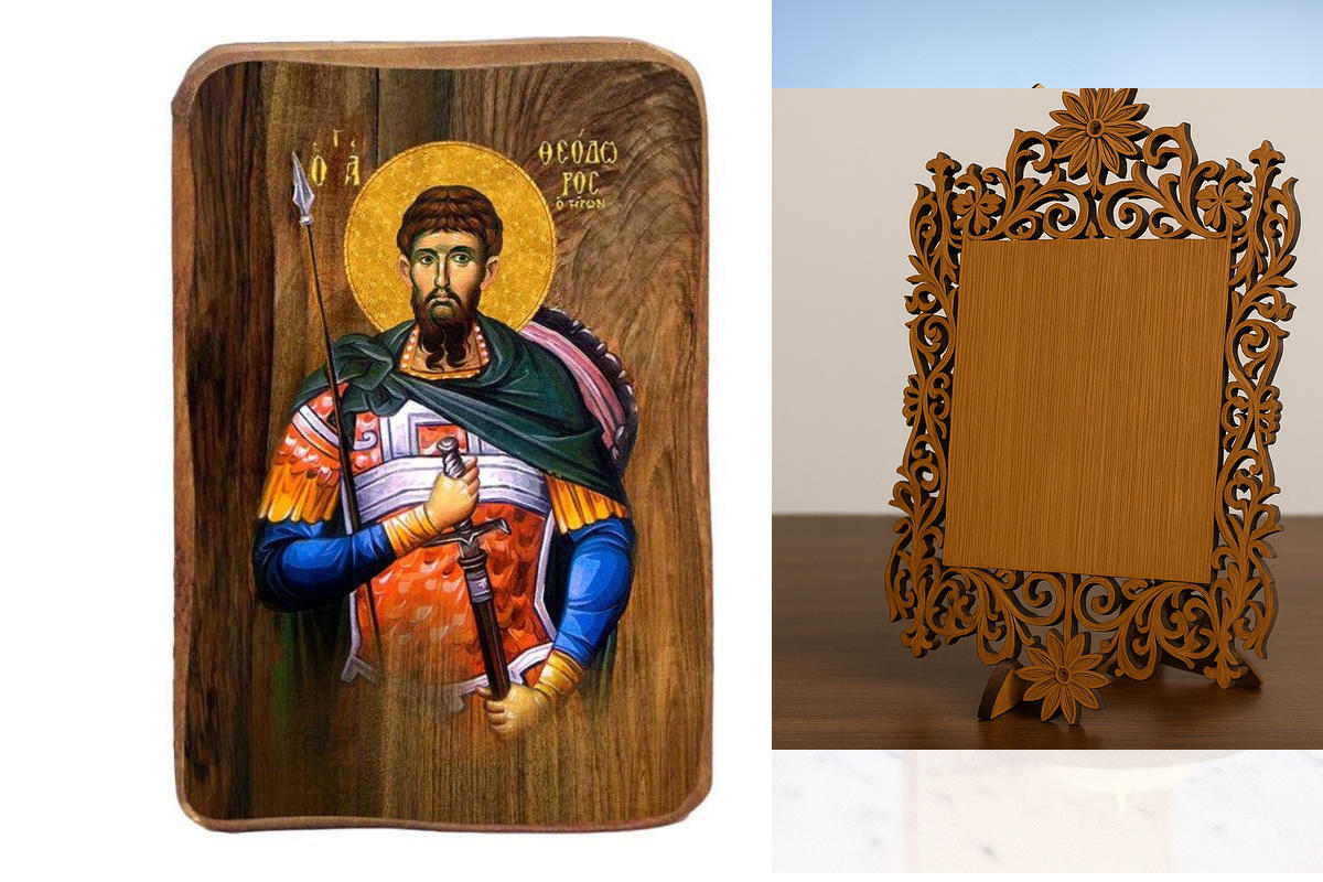 Σετ 2 τεμαχίων – Εικόνα Ορθοδοξίας Δαντέλα μαζι με  Βάση σε  8 χρώματα με περίγραμμα χρυσό σε ξύλο Plywood (Πλακάζ)   με  βάση Άγιος Θεόδωρος ο στρατηλάτης Μπομπονιέρα Βάπτισης Σετ 20 τεμαχίων, Εικόνα Βάπτισης, Bomboniera Χειροποίητη Βυζαντινή εικόνα 9x6c
