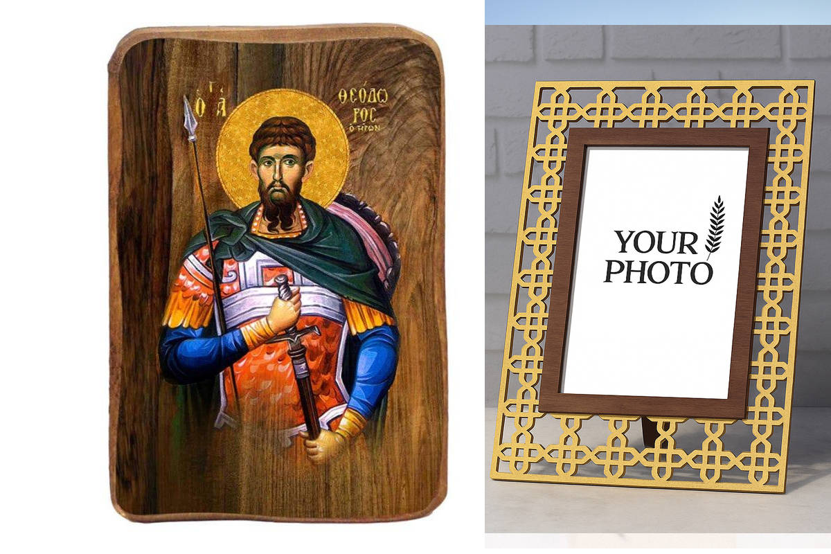 Σετ 2 τεμαχίων – Εικόνα Ορθοδοξίας Πολυτελείας  με  σχεδιο Σταυρούς μαζι με  Βάση σε  8 χρώματα με περίγραμμα χρυσό σε ξύλο Plywood (Πλακάζ)   με  βάση Άγιος Θεόδωρος ο στρατηλάτης Μπομπονιέρα Βάπτισης Σετ 20 τεμαχίων, Εικόνα Βάπτισης, Bomboniera Χειροποί