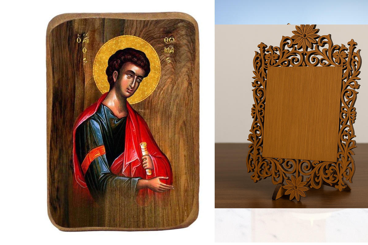 Σετ 2 τεμαχίων – Εικόνα Ορθοδοξίας Δαντέλα μαζι με  Βάση σε  8 χρώματα με περίγραμμα χρυσό σε ξύλο Plywood (Πλακάζ)   με  βάση Μπομπονιέρα Βάπτισης Άγιος Θωμάς Σετ 20 τεμαχίων, Εικόνα Βάπτισης, Μπομπονιέρα Χειροποίητη Βυζαντινή εικόνα 9x6cm, Χριστιανικό Δ
