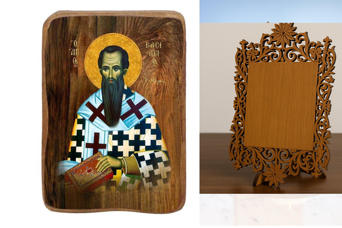 Εικόνα Ορθοδοξίας Δαντέλα μαζι με  Βάση σε  8 χρώματα με περίγραμμα χρυσό σε ξύλο Plywood (Πλακάζ)   με  βάση Μπομπονιέρα Βάπτισης Άγιος Βασίλειος Σετ 20 τεμαχίων, Εικόνα Βάπτισης, Χειροποίητη Βυζαντινή εικόνα Bomboniera 9x6cm, Χριστιανικό Δώρο Διάσταση 5