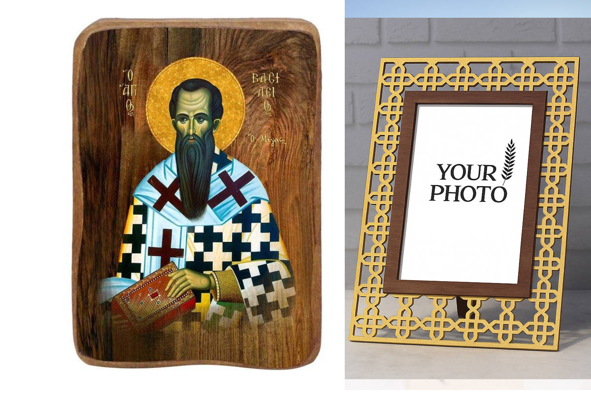 Σετ 2 τεμαχίων – Εικόνα Ορθοδοξίας Πολυτελείας  με  σχεδιο Σταυρούς μαζι με  Βάση σε  8 χρώματα με περίγραμμα χρυσό σε ξύλο Plywood (Πλακάζ)   με  βάση Μπομπονιέρα Βάπτισης Άγιος Βασίλειος Σετ 20 τεμαχίων, Εικόνα Βάπτισης, Χειροποίητη Βυζαντινή εικόνα Bom