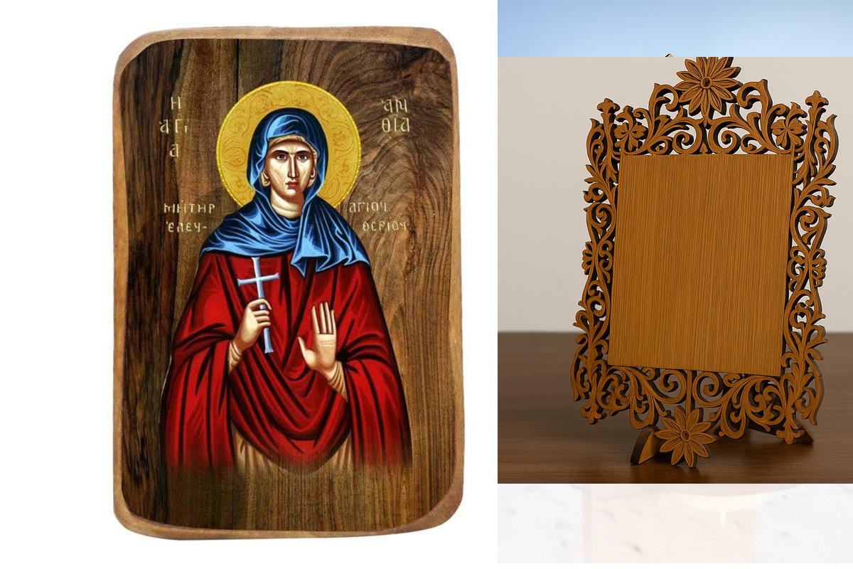 Εικόνα Ορθοδοξίας Δαντέλα μαζι με  Βάση σε  8 χρώματα με περίγραμμα χρυσό σε ξύλο Plywood (Πλακάζ)   με  βάση Μπομπονιέρα Βάπτισης Αγίας Ανθίας Σετ 20 τεμαχίων, Εικόνα Βάπτισης, Μπομπονιέρα Χειροποίητη Βυζαντινή εικόνα 9x6cm, Χριστιανικό Δώρο Διάσταση 45x