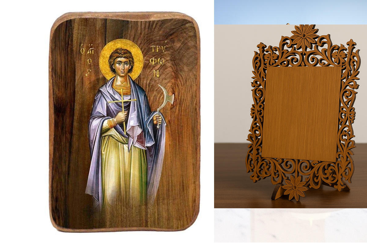 Εικόνα Ορθοδοξίας Δαντέλα μαζι με  Βάση σε  8 χρώματα με περίγραμμα χρυσό σε ξύλο Plywood (Πλακάζ)   με  βάση Μπομπονιέρα Βάπτισης Άγιος Τρύφωνας Σετ 20 τεμαχίων, Εικόνα Βάπτισης, Μπομπονιέρα Χειροποίητη Βυζαντινή εικόνα 9x6cm, Χριστιανικό Δώρο Διάσταση 2