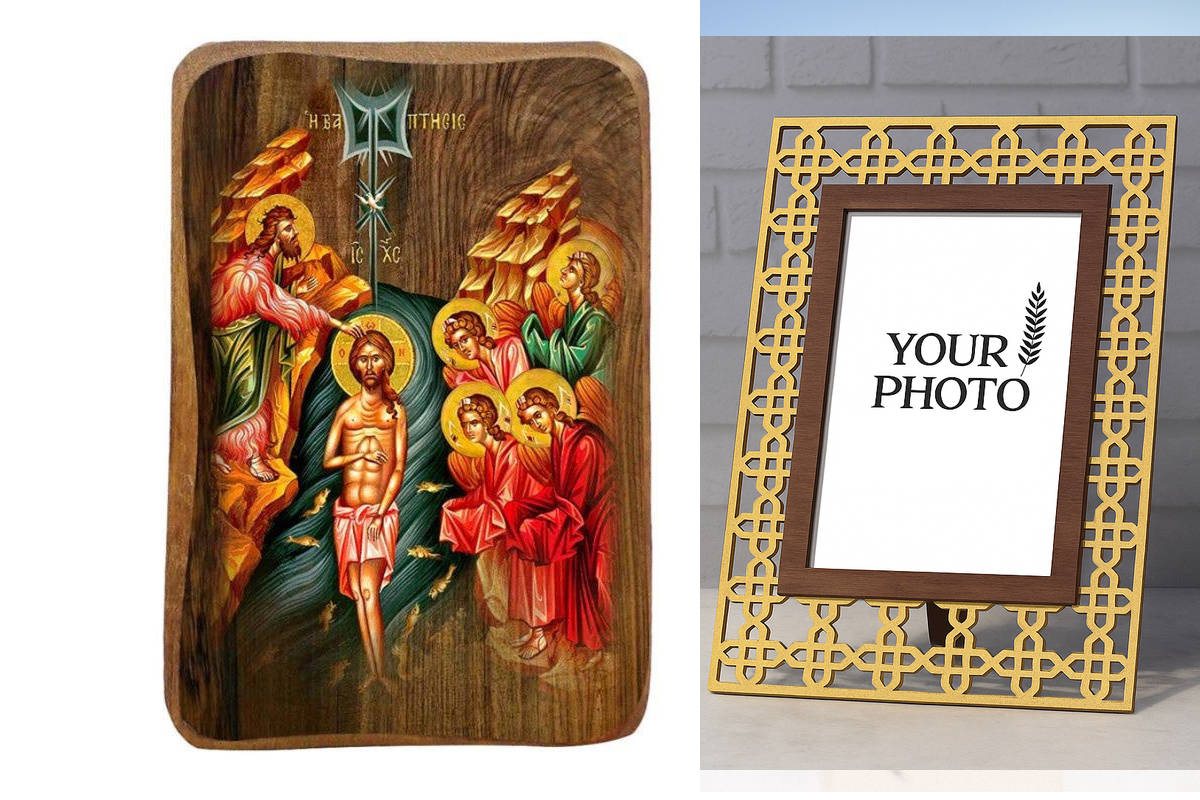 Σετ 2 τεμαχίων – Εικόνα Ορθοδοξίας Πολυτελείας  με  σχεδιο Σταυρούς μαζι με  Βάση σε  8 χρώματα με περίγραμμα χρυσό σε ξύλο Plywood (Πλακάζ)   με  βάση Μπομπονιέρα Βάπτισης Χριστού Σετ 20 τεμαχίων, Εικόνα Βάπτισης, Μπομπονιέρα Χειροποίητη Βυζαντινή εικόνα