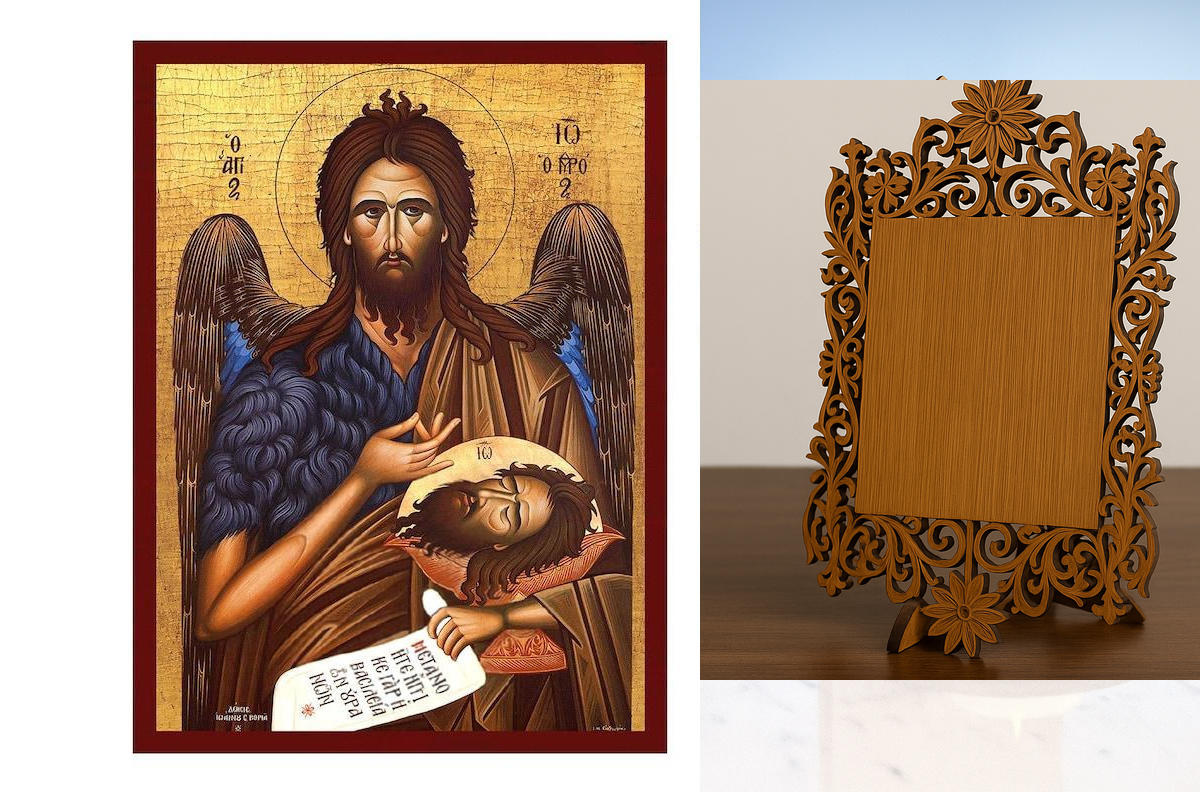 Εικόνα Ορθοδοξίας Δαντέλα μαζι με  Βάση σε  8 χρώματα με περίγραμμα χρυσό σε ξύλο Plywood (Πλακάζ)   με  βάση Εικόνα Ιωάννη του Βαπτιστή, Χειροποίητη βυζαντινή εικόνα του Αγίου Ιωάννη του Προδρόμου, Κρεμαστή πλάκα θρησκευτικής τέχνης, χριστιανικό δώρο Διά