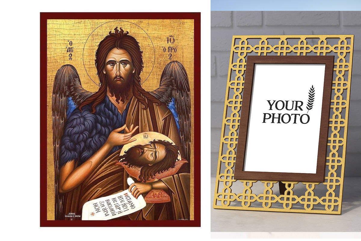 Σετ 2 τεμαχίων – Εικόνα Ορθοδοξίας Πολυτελείας  με  σχεδιο Σταυρούς μαζι με  Βάση σε  8 χρώματα με περίγραμμα χρυσό σε ξύλο Plywood (Πλακάζ)   με  βάση Εικόνα Ιωάννη του Βαπτιστή, Χειροποίητη βυζαντινή εικόνα του Αγίου Ιωάννη του Προδρόμου, Κρεμαστή πλάκα