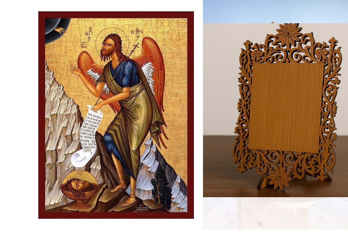 Εικόνα Ορθοδοξίας Δαντέλα μαζι με  Βάση σε  8 χρώματα με περίγραμμα χρυσό σε ξύλο Plywood (Πλακάζ)   με  βάση Εικόνα του Αγίου Ιωάννη του Προδρόμου, Χειροποίητη βυζαντινή εικόνα του Αγίου Ιωάννη του Προδρόμου, Κρεμαστή πλάκα θρησκευτικής τέχνης, χριστιανι