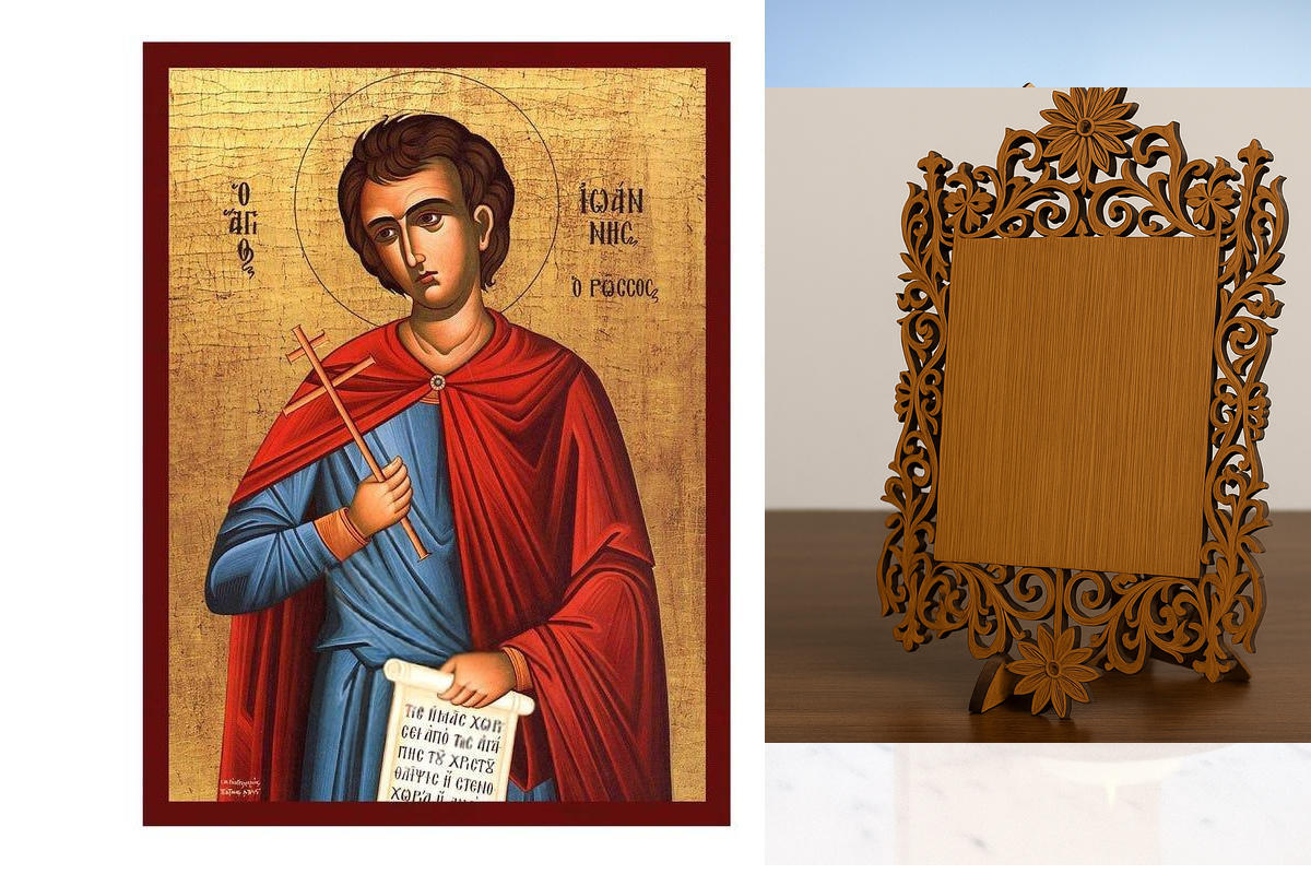 Σετ 2 τεμαχίων – Εικόνα Ορθοδοξίας Δαντέλα μαζι με  Βάση σε  8 χρώματα με περίγραμμα χρυσό σε ξύλο Plywood (Πλακάζ)   με  βάση Άγιος Ιωάννης ο Ρώσος Εικόνα, Χειροποίητη Βυζαντινή εικόνα του Αγίου Ιωάννη του Ρώσου, Κρεμαστή πλάκα θρησκευτικής τέχνης, χριστ