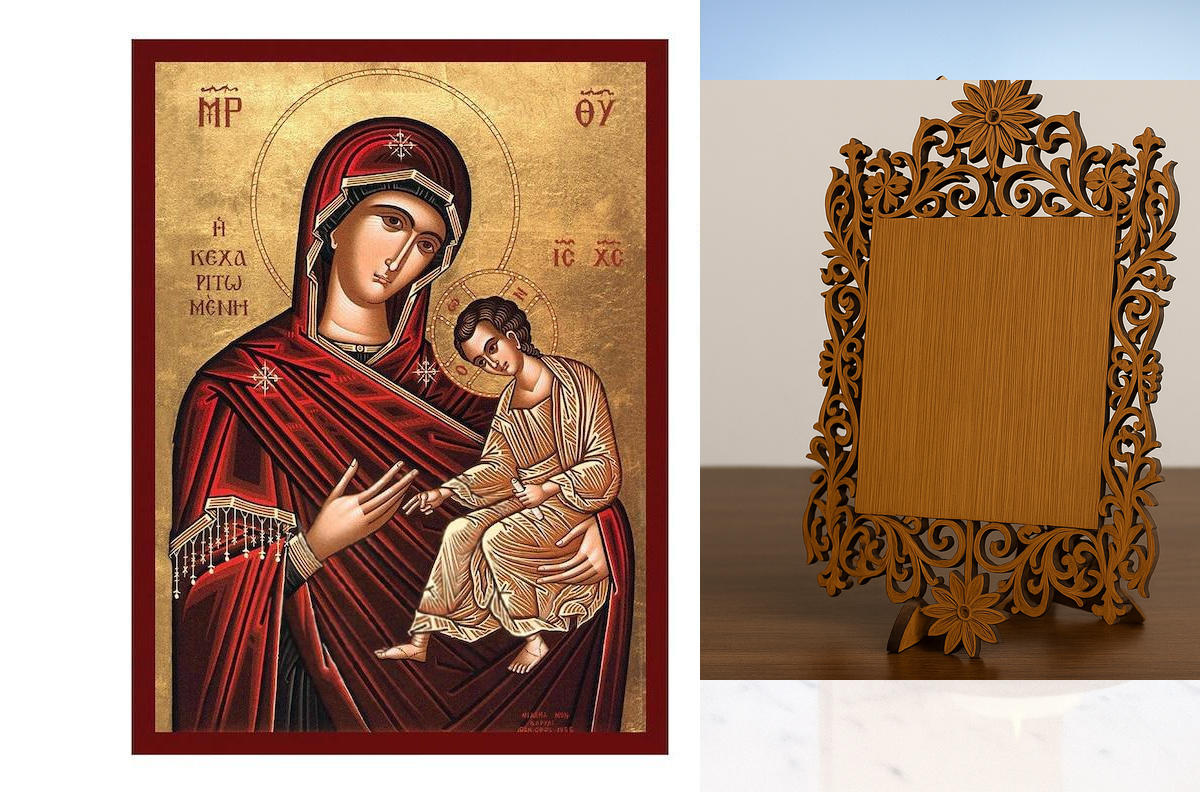 Εικόνα Ορθοδοξίας Δαντέλα μαζι με  Βάση σε  8 χρώματα με περίγραμμα χρυσό σε ξύλο Plywood (Πλακάζ)   με  βάση Παναγία Γεμάτη Χάρη εικόνα, Χειροποίητη Βυζαντινή εικόνα Παναγίας Κεχαριτωμένης, Πλακέτα θρησκευτικής τέχνης, Χριστιανικό δώρο Διάσταση 40x30 cm