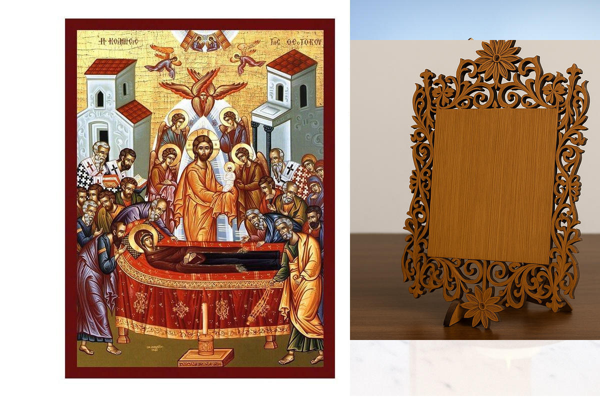 Εικόνα Ορθοδοξίας Δαντέλα μαζι με  Βάση σε  8 χρώματα με περίγραμμα χρυσό σε ξύλο Plywood (Πλακάζ)   με  βάση Εικόνα της Κοίμησης της Θεοτόκου, Χειροποίητη Βυζαντινή εικόνα της Κοίμησης της Θεοτόκου, Κρεμαστή πλάκα θρησκευτικής τέχνης, Χριστιανικό δώρο Δι