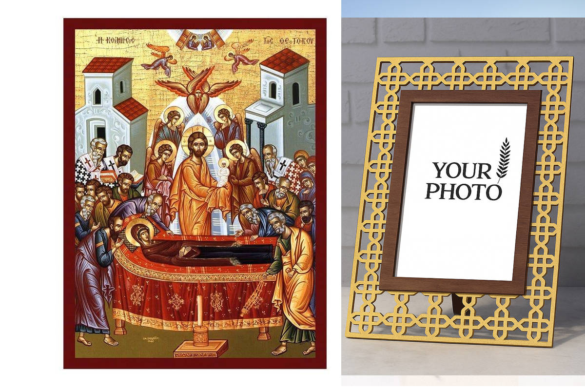 Εικόνα Ορθοδοξίας Πολυτελείας  με  σχεδιο Σταυρούς μαζι με  Βάση σε  8 χρώματα με περίγραμμα χρυσό σε ξύλο Plywood (Πλακάζ)   με  βάση Εικόνα της Κοίμησης της Θεοτόκου, Χειροποίητη Βυζαντινή εικόνα της Κοίμησης της Θεοτόκου, Κρεμαστή πλάκα θρησκευτικής τέ