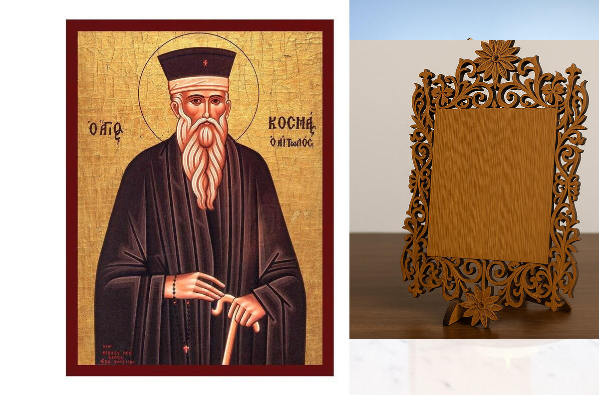 Εικόνα Ορθοδοξίας Δαντέλα μαζι με  Βάση σε  8 χρώματα με περίγραμμα χρυσό σε ξύλο Plywood (Πλακάζ)   με  βάση Άγιος Κοσμάς ο Αιτωλός, Χειροποίητη Βυζαντινή εικόνα Αγίου Κοσμά του Αιτωλού, Κρεμαστή πλάκα θρησκευτικής τέχνης, Χριστιανικό δώρο Διάσταση 40x30