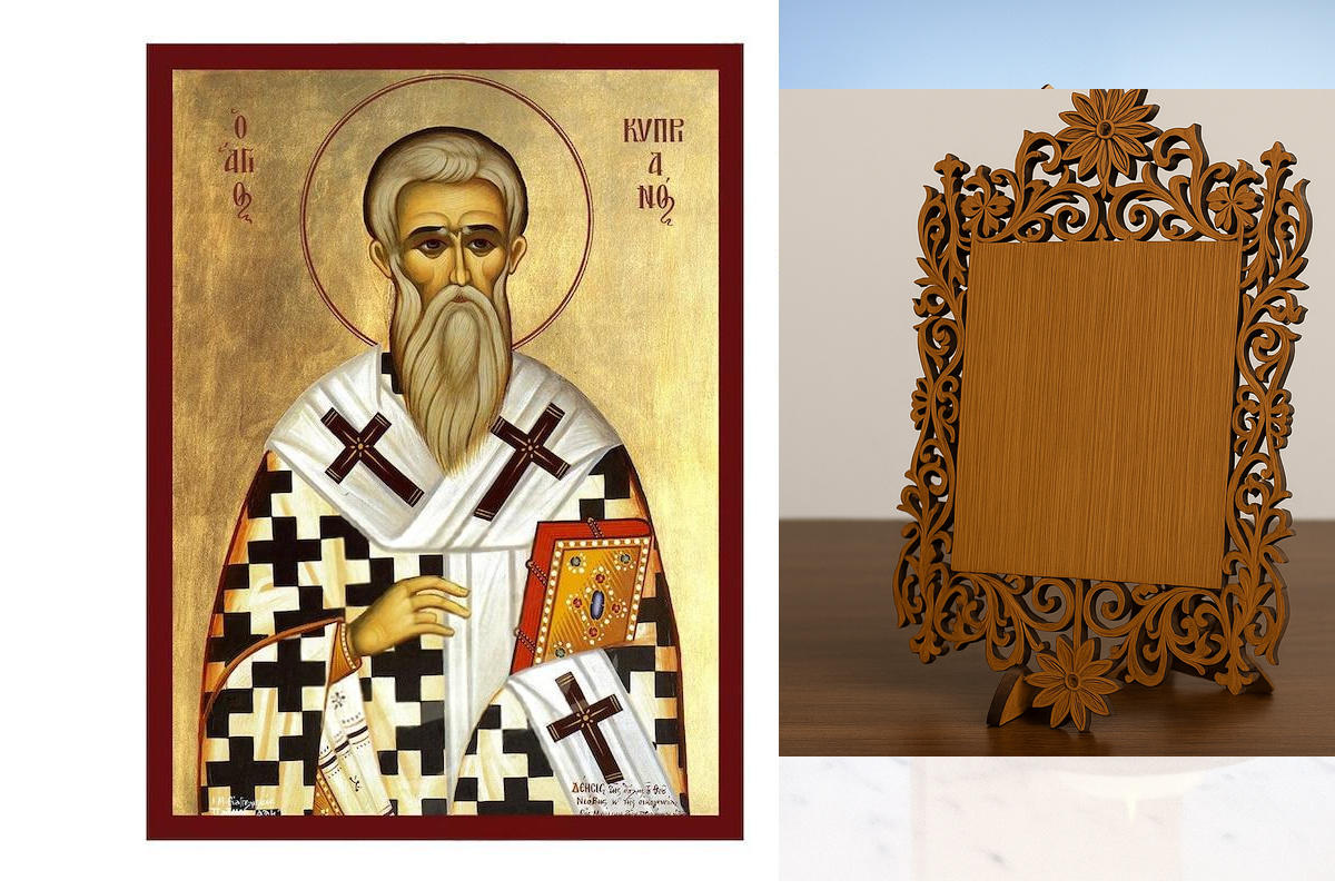 Εικόνα Ορθοδοξίας Δαντέλα μαζι με  Βάση σε  8 χρώματα με περίγραμμα χρυσό σε ξύλο Plywood (Πλακάζ)   με  βάση Εικόνα του Αγίου Κυπριακού, Χειροποίητη Βυζαντινή εικόνα του Αγίου Κυπριανού, Κρεμαστή πλάκα θρησκευτικής τέχνης, Χριστιανικό δώρο Διάσταση 40x30