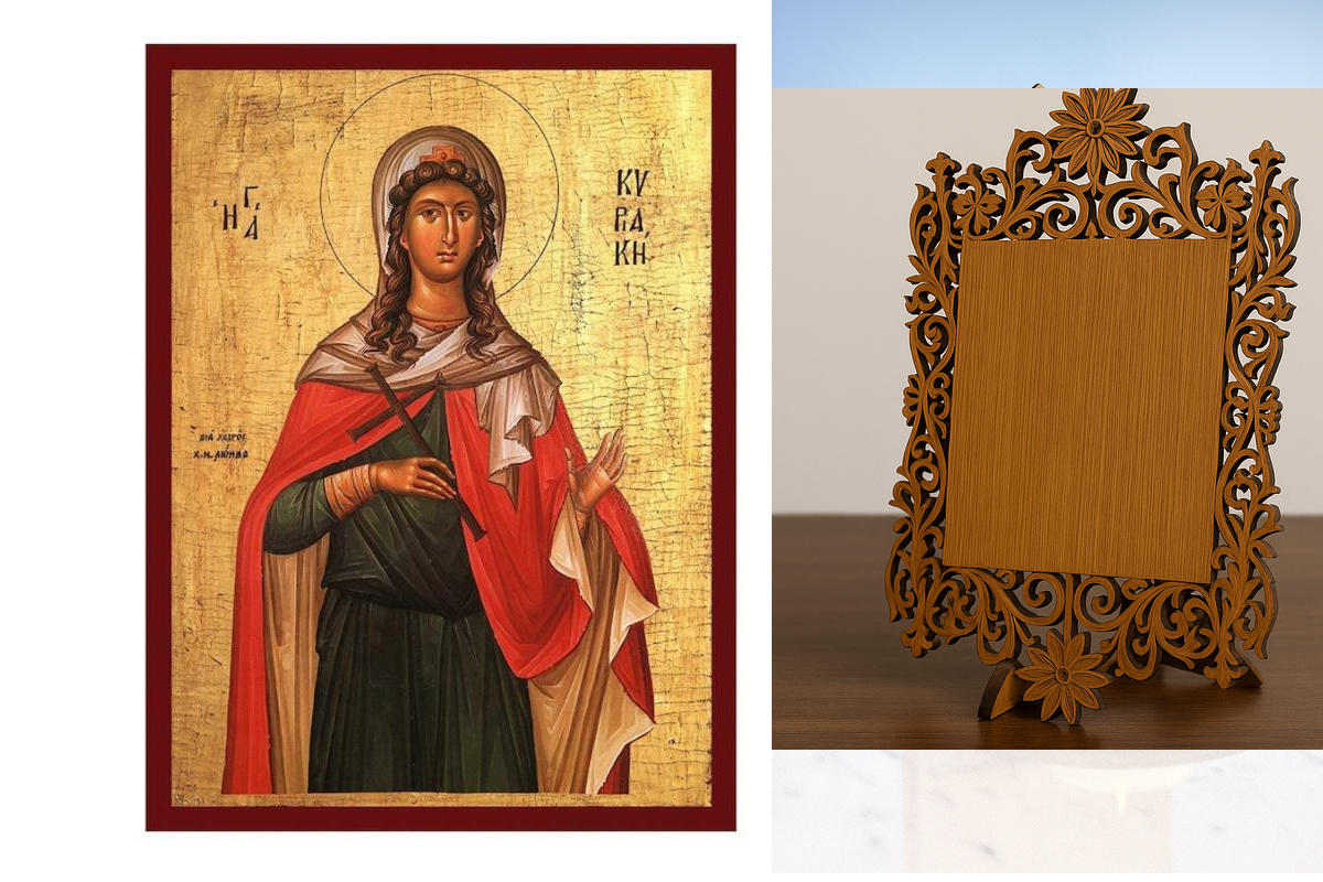 Εικόνα Ορθοδοξίας Δαντέλα μαζι με  Βάση σε  8 χρώματα με περίγραμμα χρυσό σε ξύλο Plywood (Πλακάζ)   με  βάση Εικόνα Αγίας Κυριακής, Χειροποίητη Βυζαντινή εικόνα Αγίας Κυριακής, Κρεμαστή πλάκα θρησκευτικής τέχνης, Χριστιανικό δώρο Διάσταση 40x30 cm (15,8