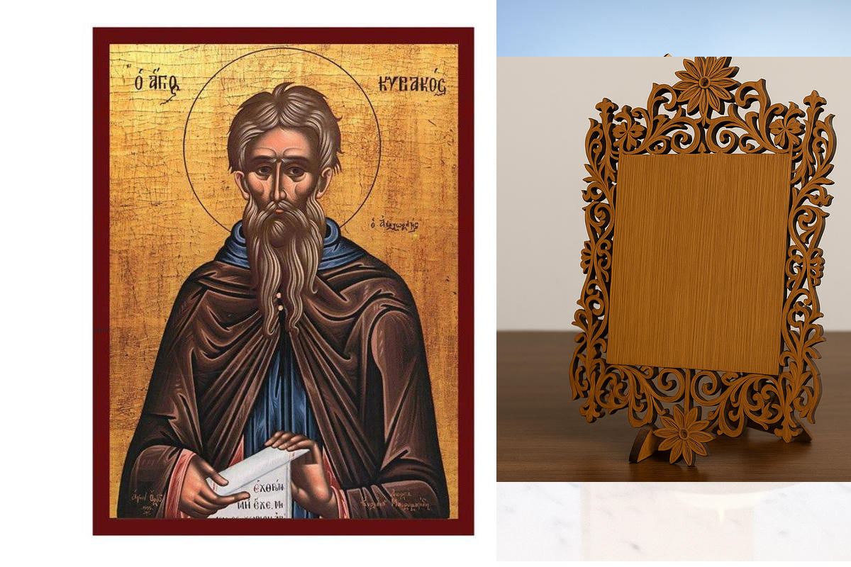 Εικόνα Ορθοδοξίας Δαντέλα μαζι με  Βάση σε  8 χρώματα με περίγραμμα χρυσό σε ξύλο Plywood (Πλακάζ)   με  βάση Εικόνα Αγίου Κυριάκου, Χειροποίητη βυζαντινή εικόνα του Αγίου Κυριακού, Κρεμαστή πλάκα θρησκευτικής τέχνης, Χριστιανικό δώρο Διάσταση 40x30 cm (1