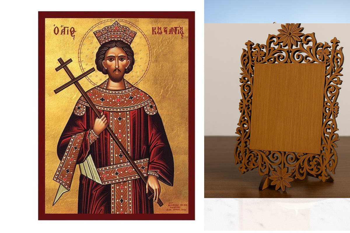 Εικόνα Ορθοδοξίας Δαντέλα μαζι με  Βάση σε  8 χρώματα με περίγραμμα χρυσό σε ξύλο Plywood (Πλακάζ)   με  βάση Εικόνα Αγίου Κωνσταντίνου, Χειροποίητη Βυζαντινή εικόνα Αγίου Κωνσταντίνου, Κρεμαστή πλάκα θρησκευτικής τέχνης, Χριστιανικό δώρο Διάσταση 45x35 c