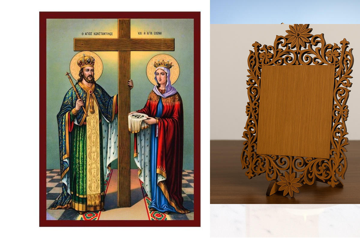 Εικόνα Ορθοδοξίας Δαντέλα μαζι με  Βάση σε  8 χρώματα με περίγραμμα χρυσό σε ξύλο Plywood (Πλακάζ)   με  βάση Εικόνα Αγίων Κωνσταντίνου και Ελένης, Χειροποίητη εικόνα Αγίου Κωνσταντίνου και Ελένης, Κλασική τέχνη επιτοίχια πλάκα, Χριστιανικό δώρο Διάσταση