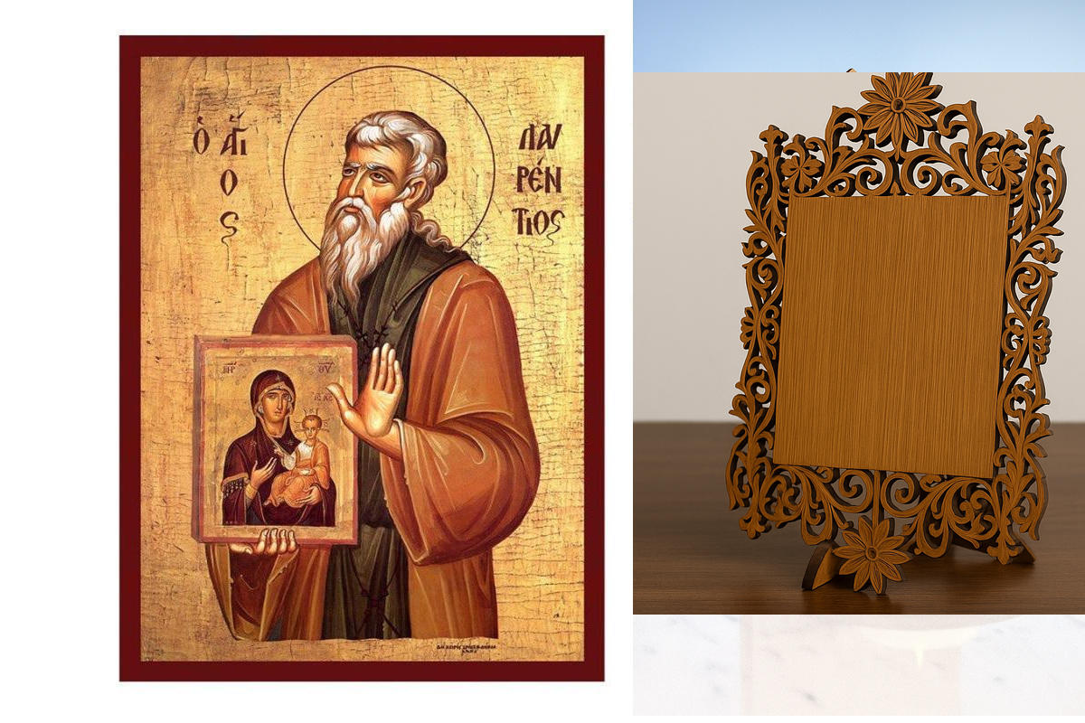 Εικόνα Ορθοδοξίας Δαντέλα μαζι με  Βάση σε  8 χρώματα με περίγραμμα χρυσό σε ξύλο Plywood (Πλακάζ)   με  βάση Εικόνα Αγίου Λαυρεντίου, Χειροποίητη βυζαντινή εικόνα του Αγίου Λαυρεντίου, Κρεμαστή πλάκα θρησκευτικής τέχνης, χριστιανικό δώρο Διάσταση 40x30 c