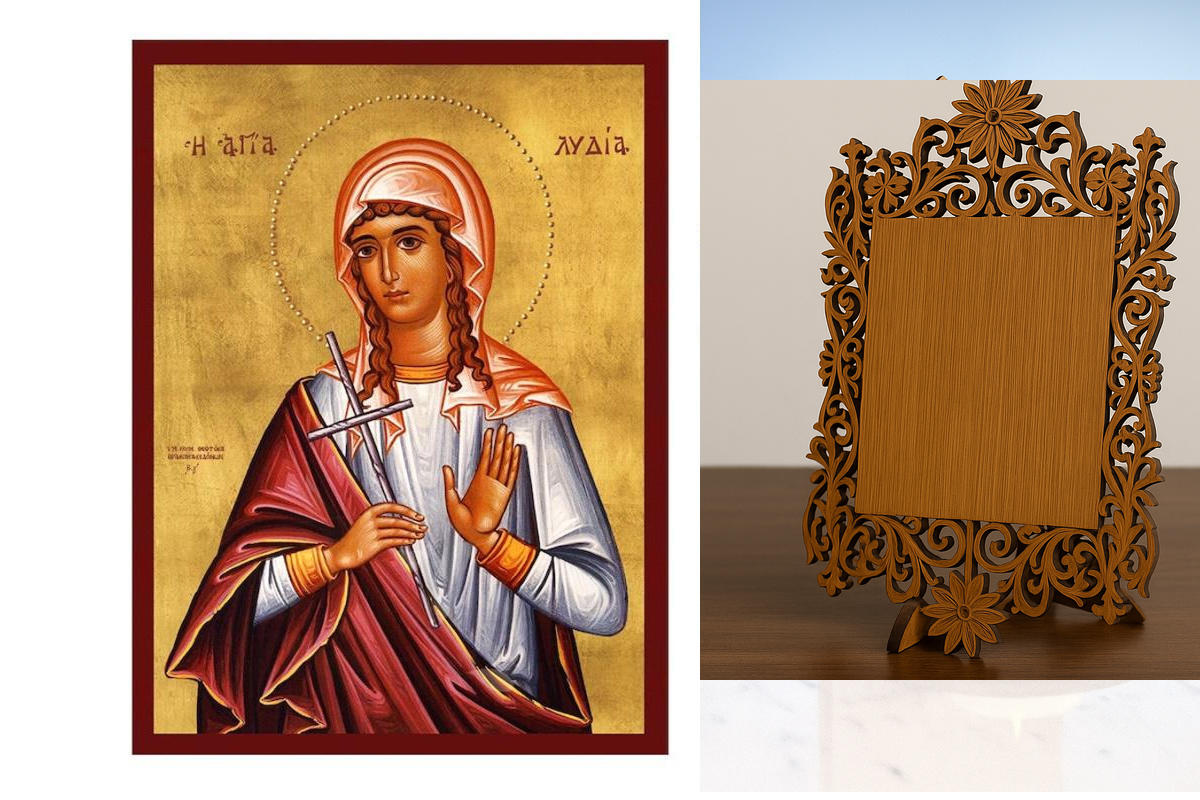 Εικόνα Ορθοδοξίας Δαντέλα μαζι με  Βάση σε  8 χρώματα με περίγραμμα χρυσό σε ξύλο Plywood (Πλακάζ)   με  βάση Εικόνα Αγίας Λυδίας, Χειροποίητη βυζαντινή εικόνα της Αγίας Λυδίας, Πλακέτα θρησκευτικής τέχνης, Χριστιανικό δώρο Διάσταση 40x30 cm (15,8 x 11,8