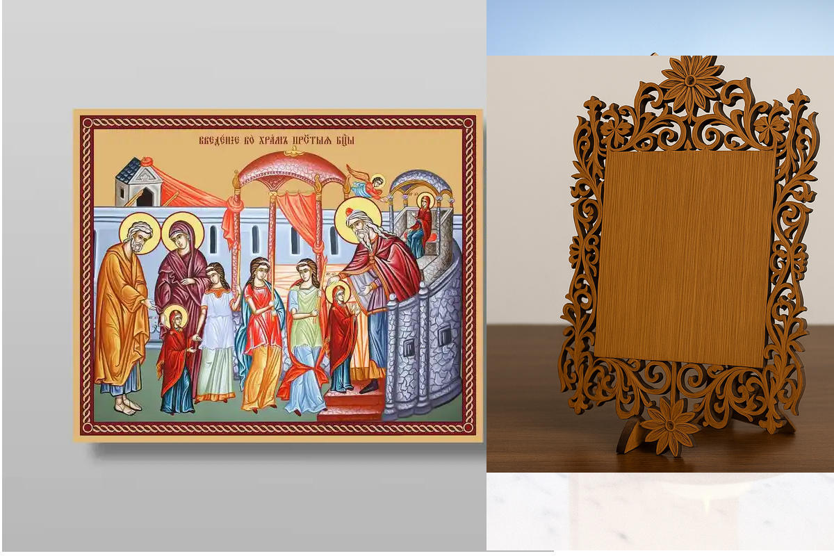 Εικόνα Ορθοδοξίας Δαντέλα μαζι με  Βάση σε  8 χρώματα με περίγραμμα χρυσό σε ξύλο Plywood (Πλακάζ)   με  βάση Εισαγωγή της Θεοτόκου στο Ναό, Χειροποίητη Ελληνορθόδοξη , Κρεμαστή πλάκα βυζαντινής τέχνης, χριστιανική τέχνη Διάσταση 50x40 cm (19,7 x 15,8 ίντ