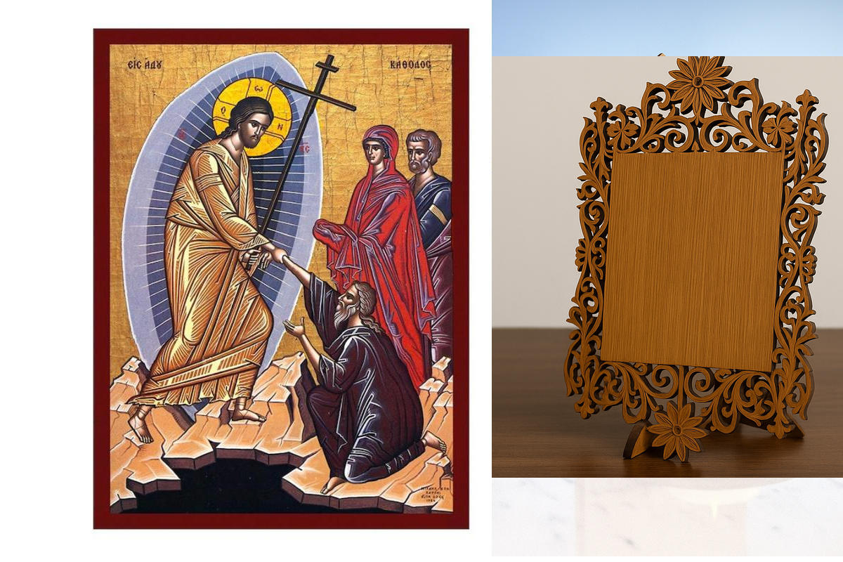 Εικόνα Ορθοδοξίας Δαντέλα μαζι με  Βάση σε  8 χρώματα με περίγραμμα χρυσό σε ξύλο Plywood (Πλακάζ)   με  βάση Κάθοδος του Ιησού Χριστού στον Άδη εικόνα, Χειροποίητη ελληνορθόδοξη εικόνα του Ιησού Χριστού, επιτοίχια πλάκα βυζαντινής τέχνης, θρησκευτικό δώρ