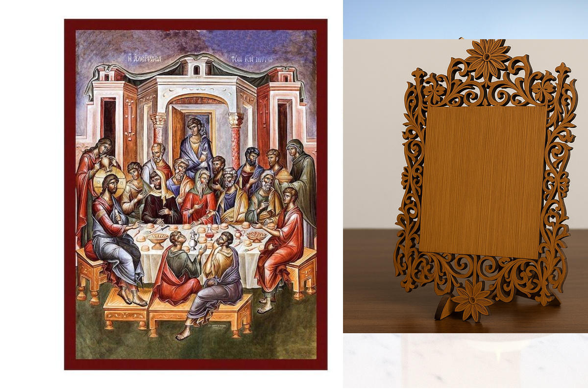 Εικόνα Ορθοδοξίας Δαντέλα μαζι με  Βάση σε  8 χρώματα με περίγραμμα χρυσό σε ξύλο Plywood (Πλακάζ)   με  βάση Εικόνα Χριστός και αμαρτωλή γυναίκα, χειροποίητη ελληνορθόδοξη εικόνα του Ιησού Χριστού, επιτοίχια πλάκα βυζαντινής τέχνης, θρησκευτικό δώρο Διάσ