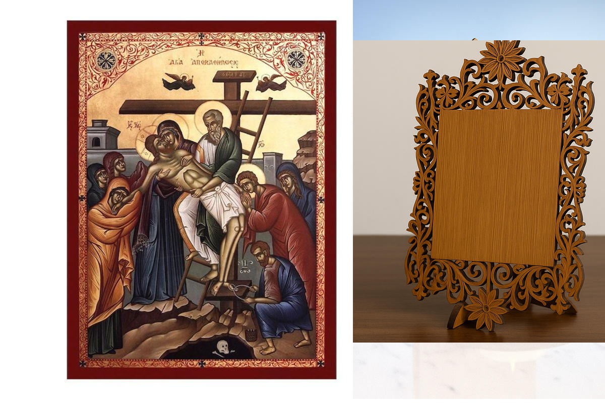 Εικόνα Ορθοδοξίας Δαντέλα μαζι με  Βάση σε  8 χρώματα με περίγραμμα χρυσό σε ξύλο Plywood (Πλακάζ)   με  βάση Εικόνα Η Κάθοδος από τον Σταυρό, Χειροποίητη Ελληνορθόδοξη εικόνα του Ιησού Χριστού, Κρεμαστή πλάκα βυζαντινής τέχνης, θρησκευτικό δώρο Διάσταση