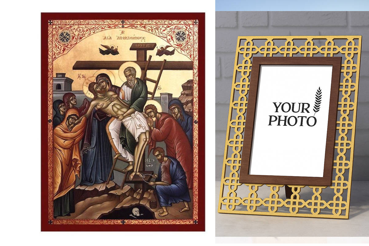 Εικόνα Ορθοδοξίας Πολυτελείας  με  σχεδιο Σταυρούς μαζι με  Βάση σε  8 χρώματα με περίγραμμα χρυσό σε ξύλο Plywood (Πλακάζ)   με  βάση Εικόνα Η Κάθοδος από τον Σταυρό, Χειροποίητη Ελληνορθόδοξη εικόνα του Ιησού Χριστού, Κρεμαστή πλάκα βυζαντινής τέχνης, θ