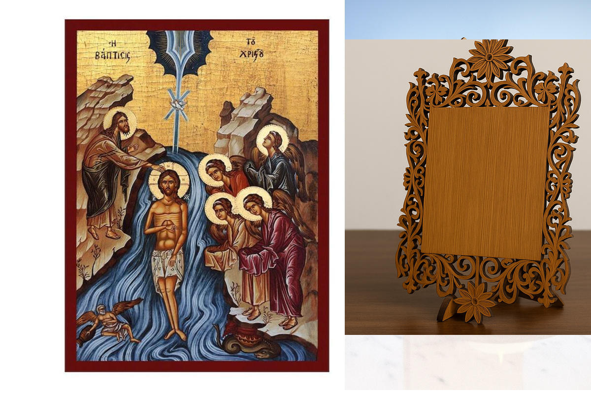 Εικόνα Ορθοδοξίας Δαντέλα μαζι με  Βάση σε  8 χρώματα με περίγραμμα χρυσό σε ξύλο Plywood (Πλακάζ)   με  βάση Η εικόνα της βάπτισης του Χριστού, χειροποίητη ελληνορθόδοξη εικόνα του Ιησού Χριστού, επιτοίχια πλάκα βυζαντινής τέχνης, χριστιανικό δώρο Διάστα