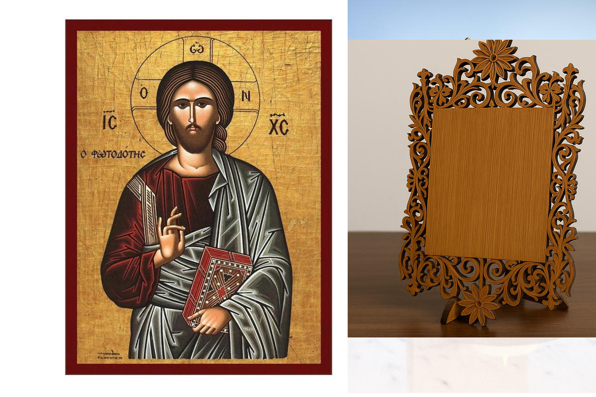 Εικόνα Ορθοδοξίας Δαντέλα μαζι με  Βάση σε  8 χρώματα με περίγραμμα χρυσό σε ξύλο Plywood (Πλακάζ)   με  βάση Ιησούς Χριστός ο Φωτοδότης, Χειροποίητη Ελληνική Ορθόδοξη εικόνα του Ιησού Χριστού, Κρεμαστή πλάκα βυζαντινής τέχνης, χριστιανική τέχνη Διάσταση