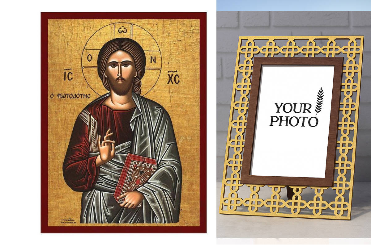 Εικόνα Ορθοδοξίας Πολυτελείας  με  σχεδιο Σταυρούς μαζι με  Βάση σε  8 χρώματα με περίγραμμα χρυσό σε ξύλο Plywood (Πλακάζ)   με  βάση Ιησούς Χριστός ο Φωτοδότης, Χειροποίητη Ελληνική Ορθόδοξη εικόνα του Ιησού Χριστού, Κρεμαστή πλάκα βυζαντινής τέχνης, χρ