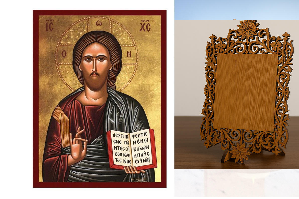 Εικόνα Ορθοδοξίας Δαντέλα μαζι με  Βάση σε  8 χρώματα με περίγραμμα χρυσό σε ξύλο Plywood (Πλακάζ)   με  βάση Εικόνα Ευλογίας Ιησού Χριστού, Χειροποίητη Ελληνική Ορθόδοξη εικόνα του Ιησού Χριστού, Κρεμαστή πλάκα βυζαντινής τέχνης, ορθόδοξη εικόνα Διάσταση