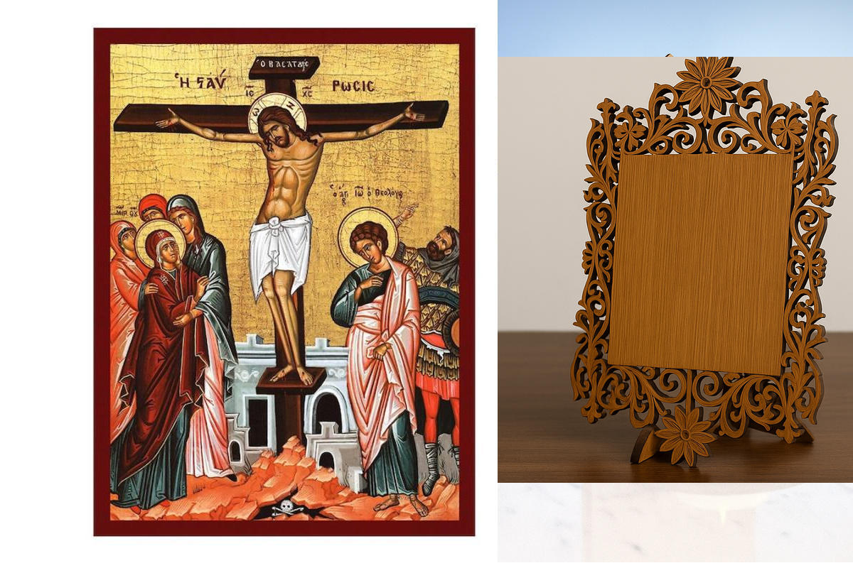 Εικόνα Ορθοδοξίας Δαντέλα μαζι με  Βάση σε  8 χρώματα με περίγραμμα χρυσό σε ξύλο Plywood (Πλακάζ)   με  βάση Εικόνα Η Σταύρωση του Χριστού, Χειροποίητη Ελληνορθόδοξη εικόνα του Ιησού Χριστού, Κρεμαστή πλάκα βυζαντινής τέχνης, βυζαντινή τέχνη Διάσταση 40x
