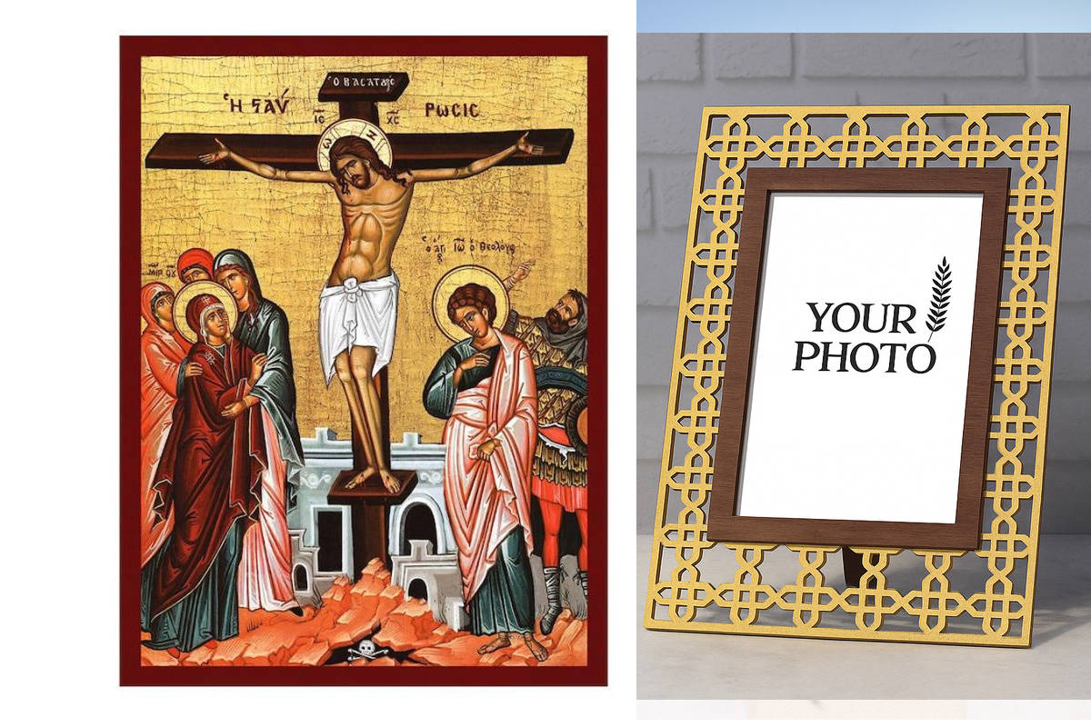 Εικόνα Ορθοδοξίας Πολυτελείας  με  σχεδιο Σταυρούς μαζι με  Βάση σε  8 χρώματα με περίγραμμα χρυσό σε ξύλο Plywood (Πλακάζ)   με  βάση Εικόνα Η Σταύρωση του Χριστού, Χειροποίητη Ελληνορθόδοξη εικόνα του Ιησού Χριστού, Κρεμαστή πλάκα βυζαντινής τέχνης, βυζ