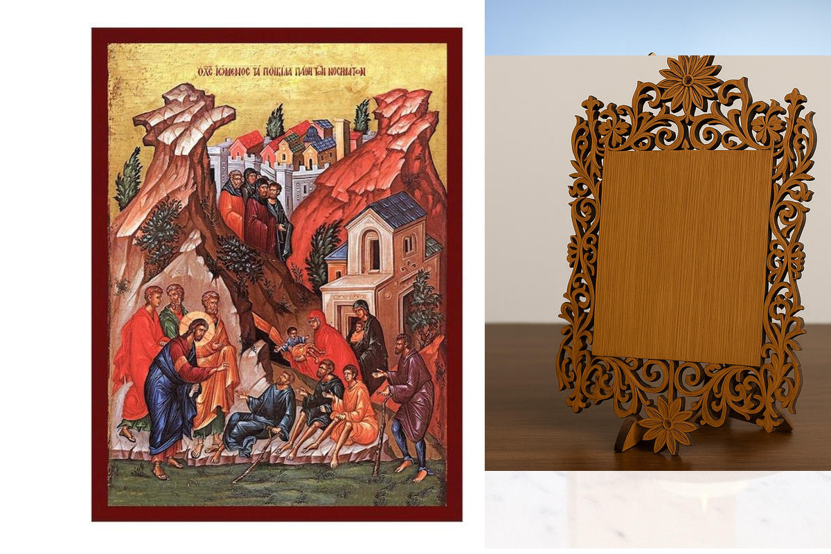 Εικόνα Ορθοδοξίας Δαντέλα μαζι με  Βάση σε  8 χρώματα με περίγραμμα χρυσό σε ξύλο Plywood (Πλακάζ)   με  βάση Ιησούς Χριστός Η εικόνα του μεγάλου ιατρού, Χειροποίητη ελληνορθόδοξη εικόνα του Ιησού Χριστού, επιτοίχια πλάκα βυζαντινής τέχνης, βυζαντινή τέχν