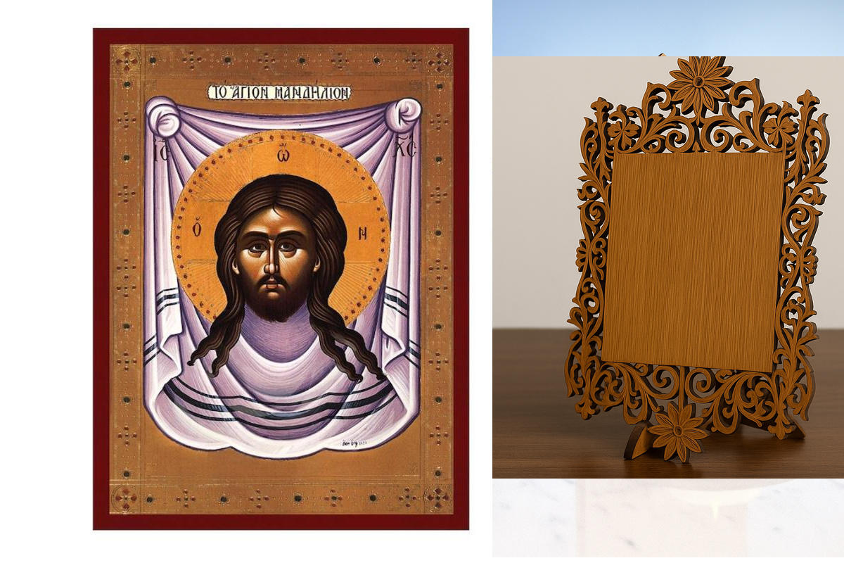 Εικόνα Ορθοδοξίας Δαντέλα μαζι με  Βάση σε  8 χρώματα με περίγραμμα χρυσό σε ξύλο Plywood (Πλακάζ)   με  βάση Jesus Christ The Holy Mandylion Icon, Χειροποίητη ελληνορθόδοξη εικόνα του Ιησού Χριστού, επιτοίχια βυζαντινή τέχνη, ορθόδοξη τέχνη Διάσταση 45x3