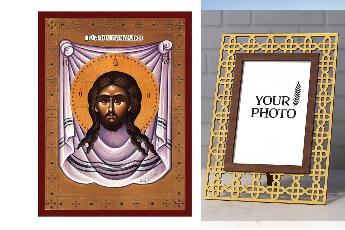 Εικόνα Ορθοδοξίας Πολυτελείας  με  σχεδιο Σταυρούς μαζι με  Βάση σε  8 χρώματα με περίγραμμα χρυσό σε ξύλο Plywood (Πλακάζ)   με  βάση Jesus Christ The Holy Mandylion Icon, Χειροποίητη ελληνορθόδοξη εικόνα του Ιησού Χριστού, επιτοίχια βυζαντινή τέχνη, ορθ