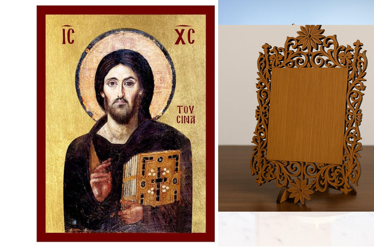 Εικόνα Ορθοδοξίας Δαντέλα μαζι με  Βάση σε  8 χρώματα με περίγραμμα χρυσό σε ξύλο Plywood (Πλακάζ)   με  βάση Εικόνα του Ιησού Χριστού του Σινά, Χειροποίητη Ελληνορθόδοξη εικόνα του Ιησού Χριστού, Κρεμαστή πλάκα βυζαντινής τέχνης, χριστιανική τέχνη Διάστα
