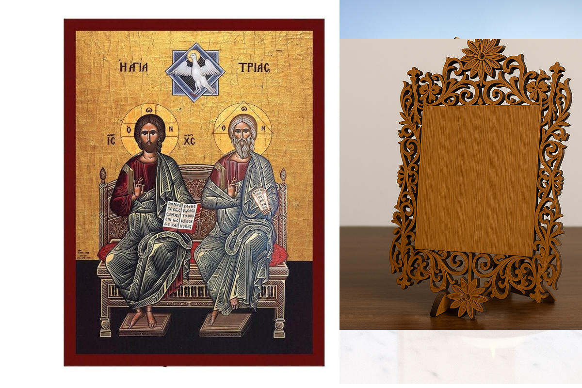 Εικόνα Ορθοδοξίας Δαντέλα μαζι με  Βάση σε  8 χρώματα με περίγραμμα χρυσό σε ξύλο Plywood (Πλακάζ)   με  βάση Ιησούς Χριστός Η εικόνα της Αγίας Τριάδας, Χειροποίητη Ελληνορθόδοξη εικόνα του Ιησού Χριστού, Κρεμαστή πλάκα βυζαντινής τέχνης, χριστιανική τέχν