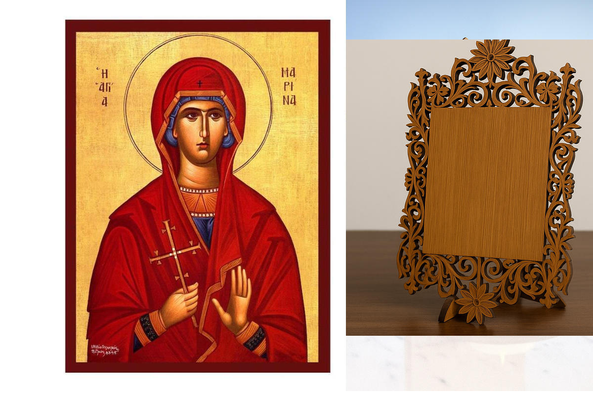 Εικόνα Ορθοδοξίας Δαντέλα μαζι με  Βάση σε  8 χρώματα με περίγραμμα χρυσό σε ξύλο Plywood (Πλακάζ)   με  βάση Εικόνα Αγίας Μαρίνας, Χειροποίητη Βυζαντινή εικόνα Αγίας Μαρίνας, Πλακέτα θρησκευτικής τέχνης, Χριστιανικό δώρο Διάσταση 40x30 cm (15,8 x 11,8 ίν